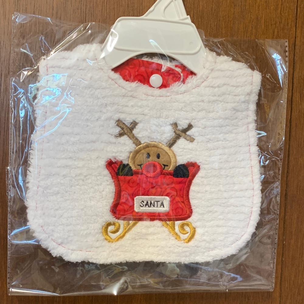 Festive White Santa Bib with Reindeer Design